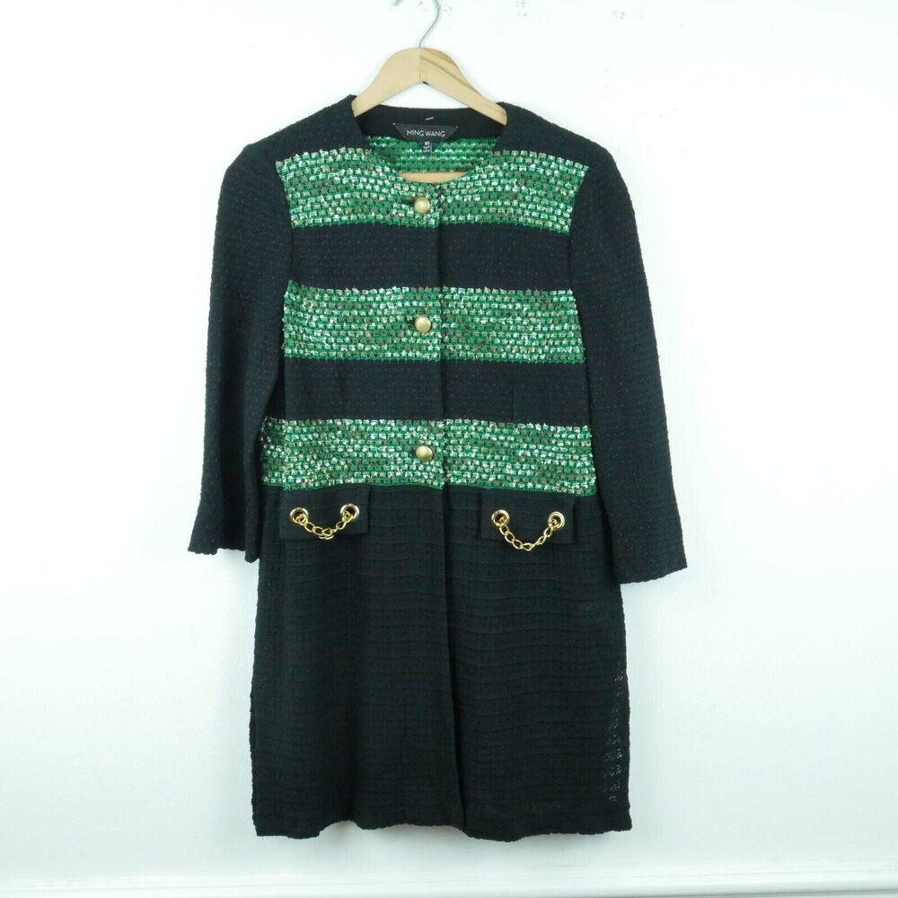 Ming‎ Wang Womens XS Knit Jacket Career Long Green Black Gold Chain Elegant